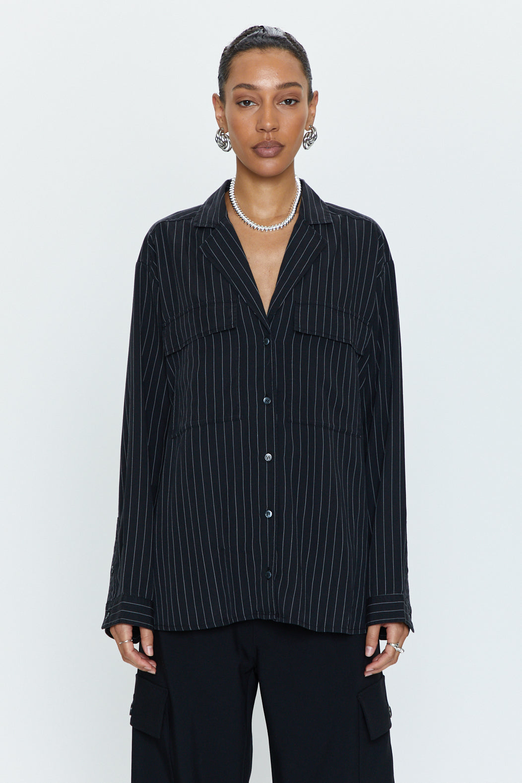 Irene Effortless Button Down Shirt - Black Pinstripe
            
              Sale